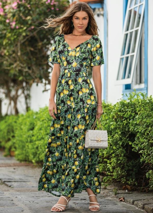 Imagem principal Vestido Folhagem Tropical com Bolsos e Camadas Quintess Quintess