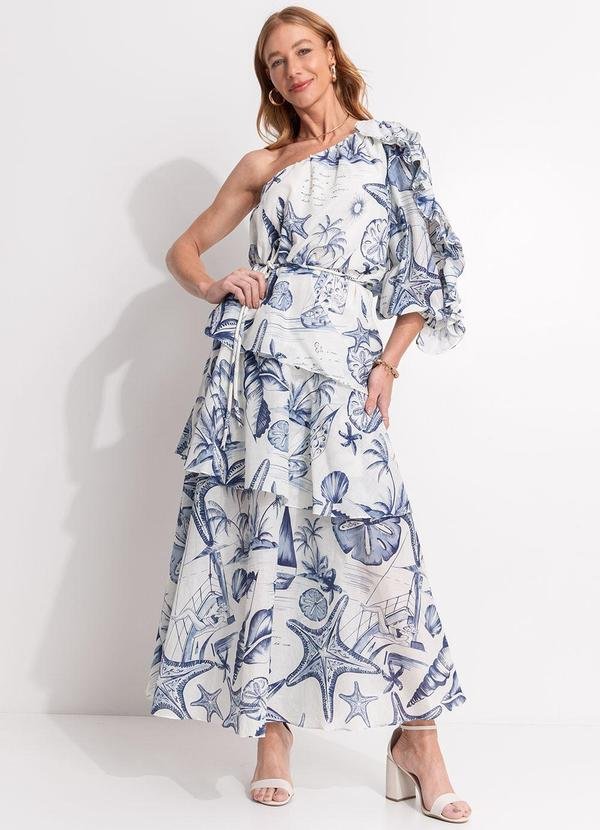 Vestido Longo Babados Mar de Ondas Bege