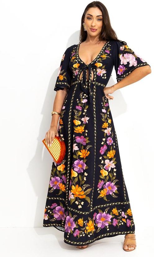 Vestido Longo Borboleta em Flor Preto