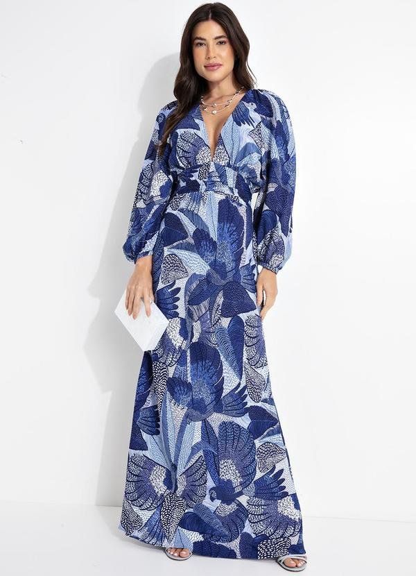Vestido Longo com Manga Festa de Pássaro Azul