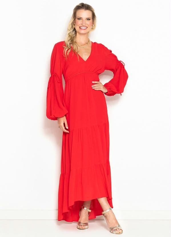 Vestido Longo Decote Franzido em Crepe Vermelho