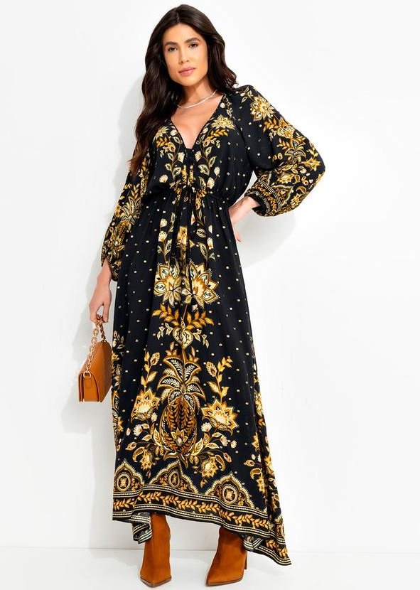 Vestido Longo Flora Abacaxi Preto
