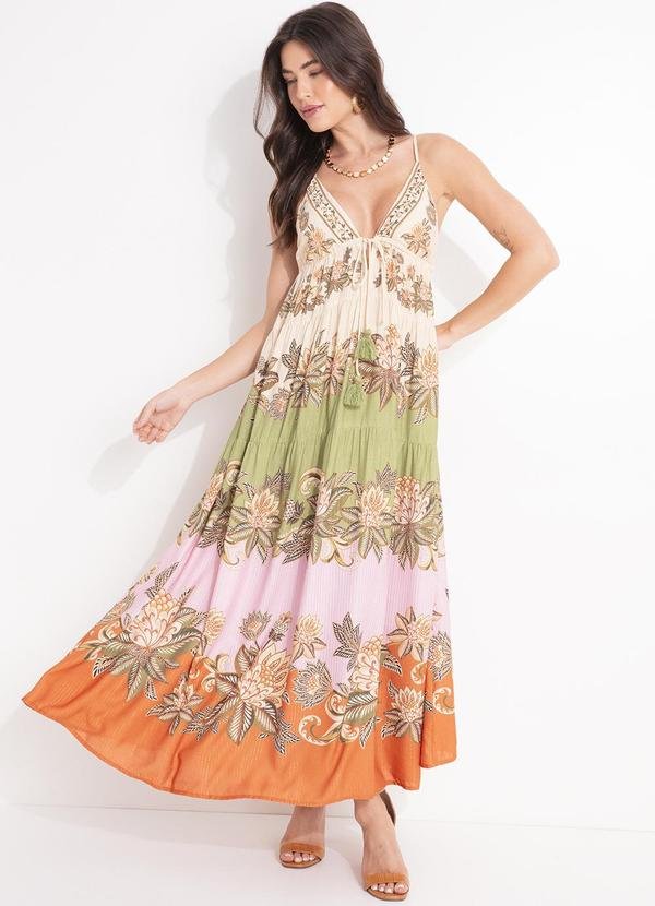 Vestido Longo Floral Delhi Bege