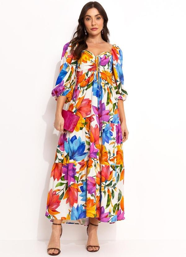 Vestido Longo Floral em Viscolinho Off White