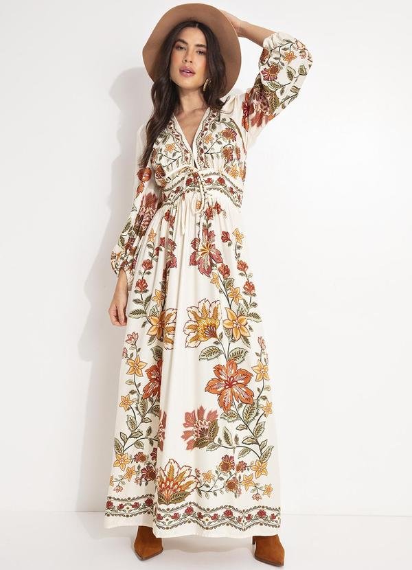 Vestido Longo Floral Juliana Bege