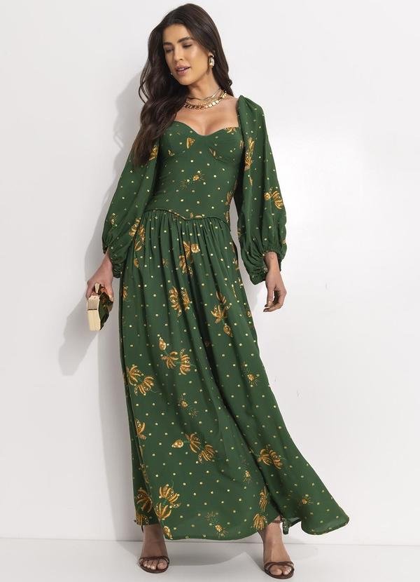 Vestido Longo Manga Brilho de Banana Verde