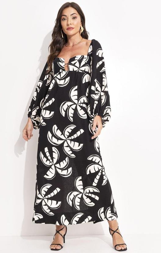 Vestido Longo Manga Coqueirada Preto