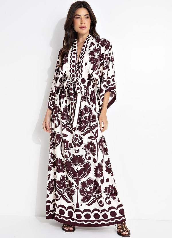 Vestido Longo Manga Floral Arabesque Marrom
