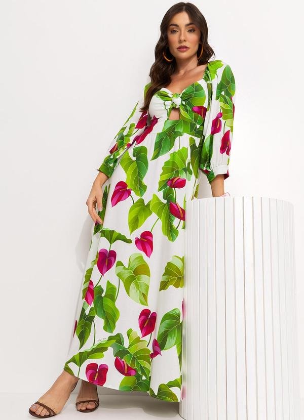 Vestido Longo Manga Folha de Antúrio Verde