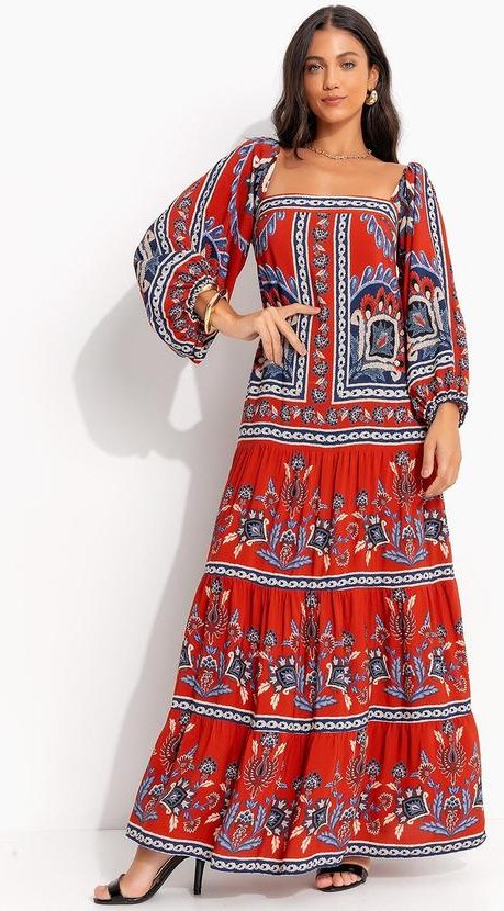 Vestido Longo Manga Lenço Nautico Vermelho