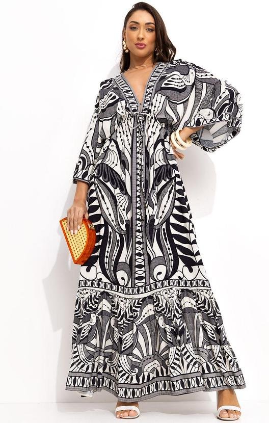 Vestido Longo Manga Rendeira Preto