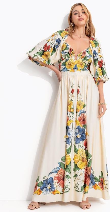 Vestido Longo Manga Trolocalzinho Lenço Bege