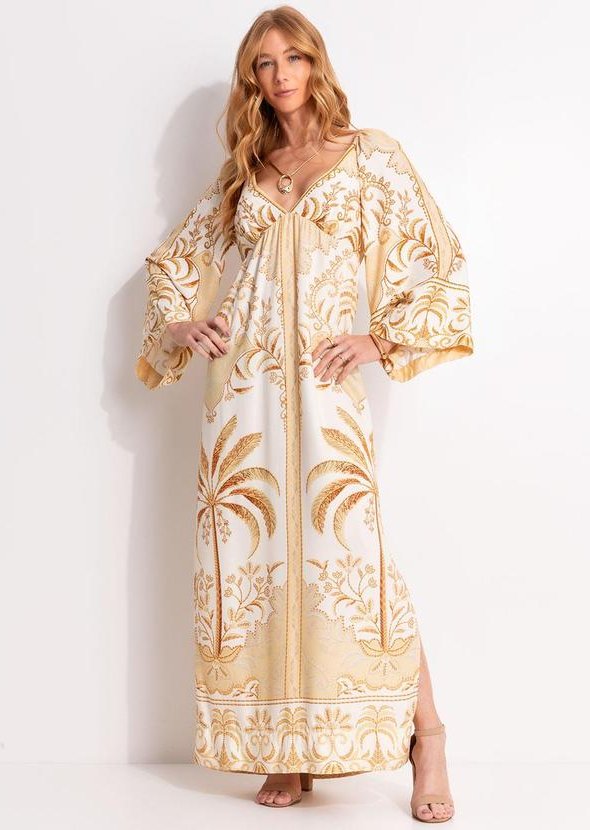 Vestido Longo Paisagem Tropical Bege