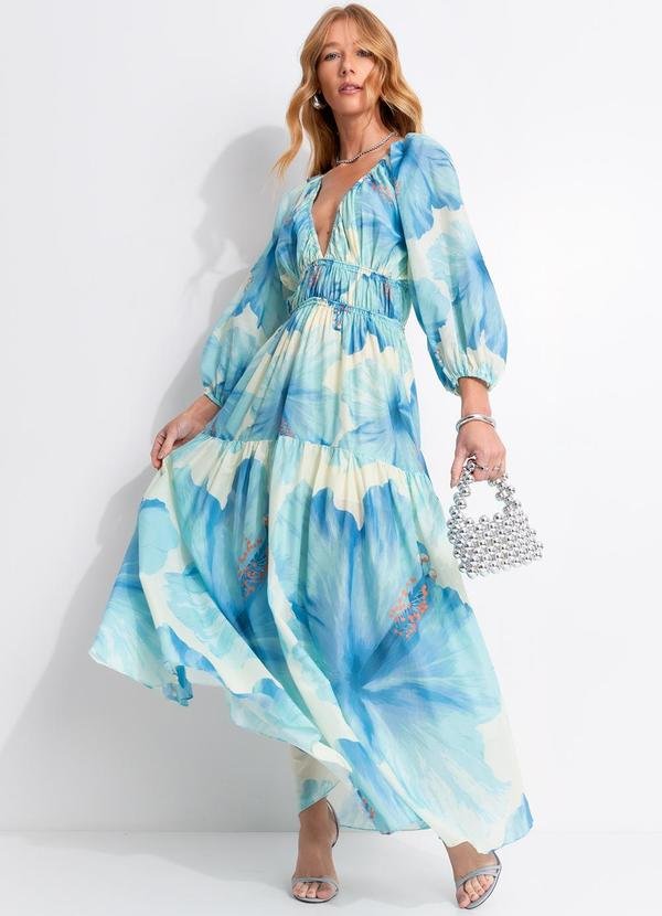 Vestido Longo Vestida de Flor Azul