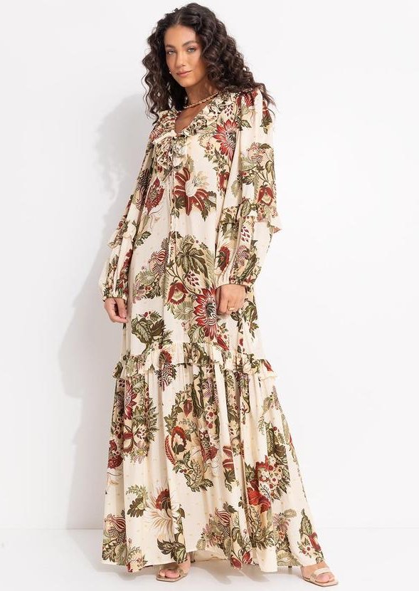 Vestido Mangas Floral Raiana Bege