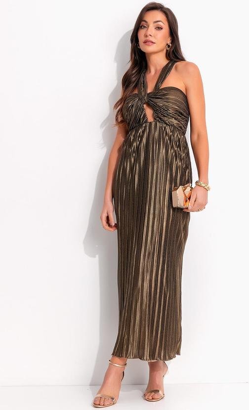 Vestido Plissado Metalizado Dourado