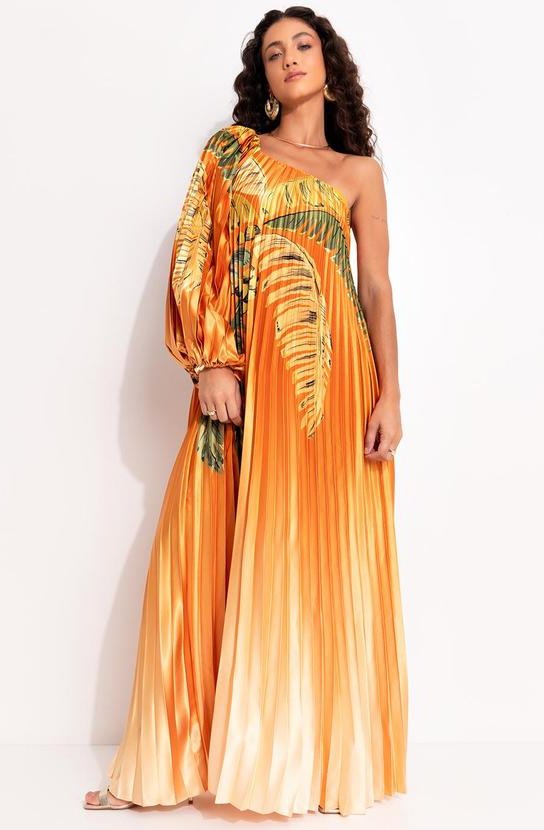 Vestido Plissado Ombro Só Itacaré Laranja