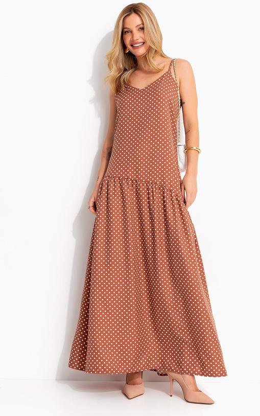 Imagem principal Vestido Longo Poá Marrom com Alças Reguláveis e Babado Assimétrico Quintess Quintess