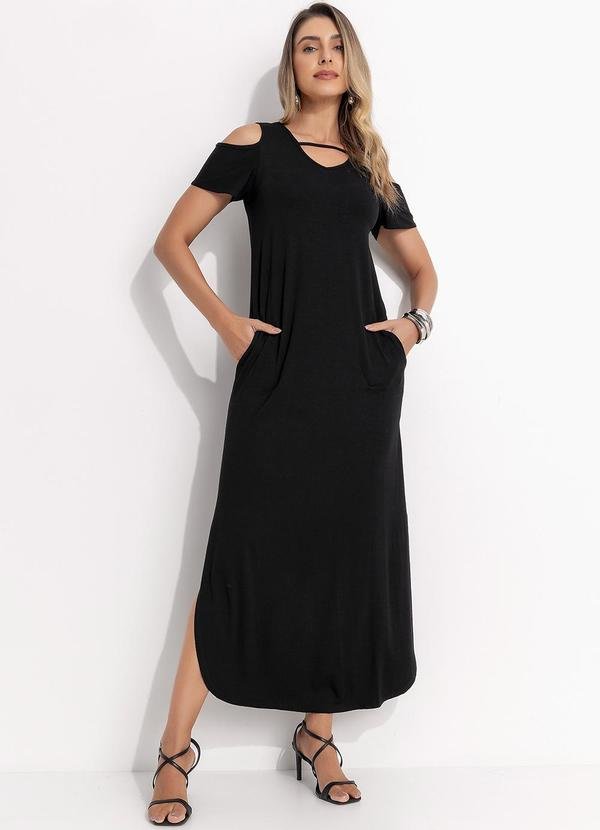 Imagem principal Vestido Preto Longo com Fendas e Ombro Vazado Quintess Quintess