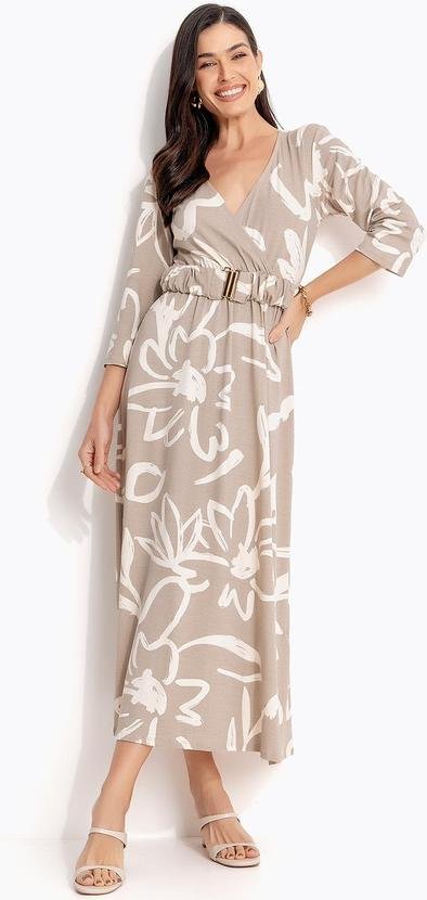 Vestido Floral Bege em Malha de Viscose