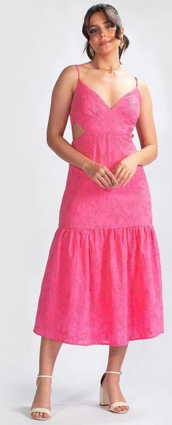 Vestido em Tecido Plano Bordado Rosa