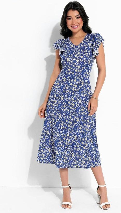 Vestido Floral Azul com Babado