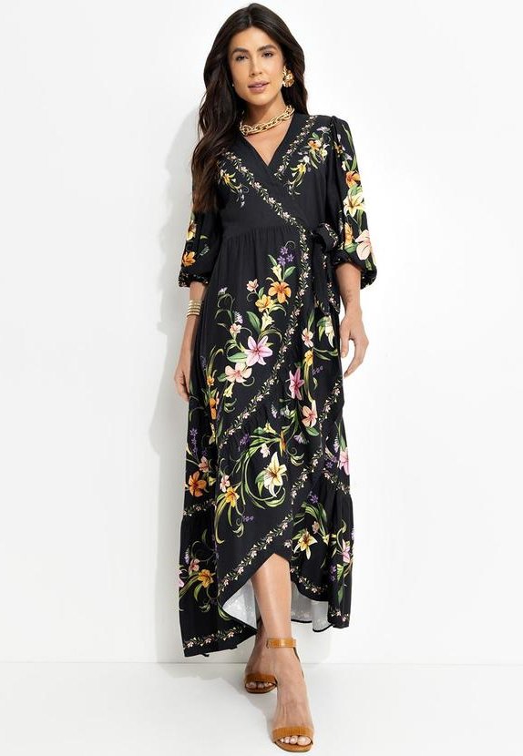 Vestido Longo com Manga Vestida de Flor Preto