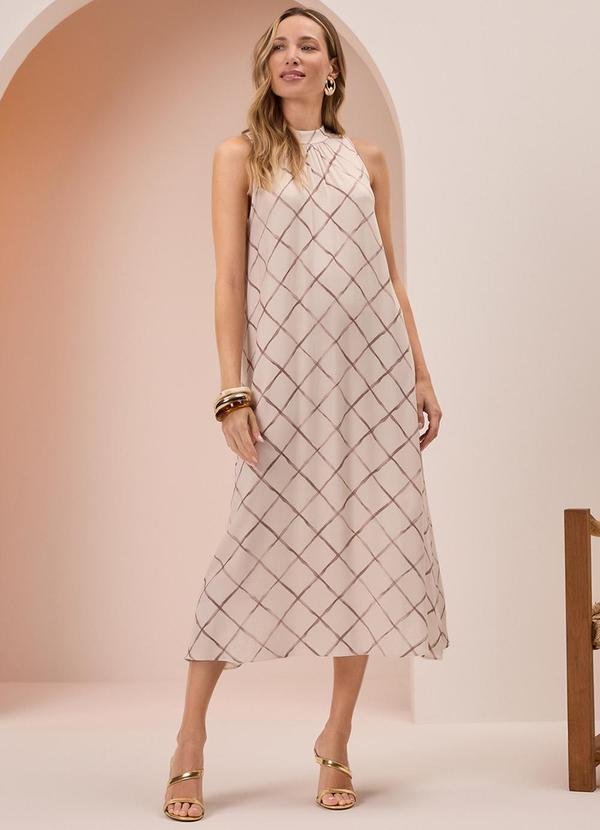 Vestido Midi Chá com Gola em Viscose Bege