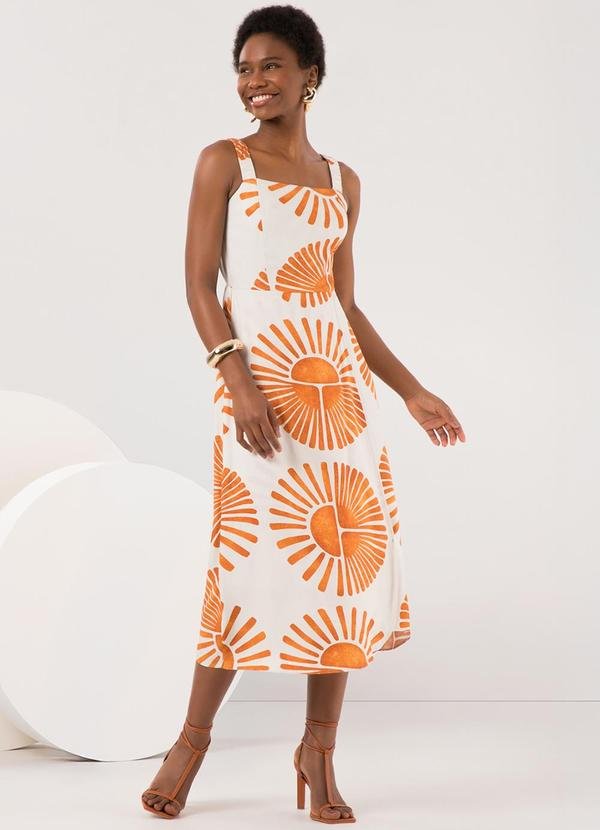 Vestido Midi Chá Estampado com Alças Amarelo