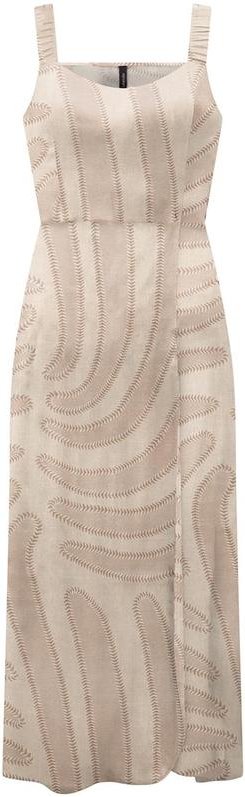 Vestido Midi Chá Estampado com Alças Bege