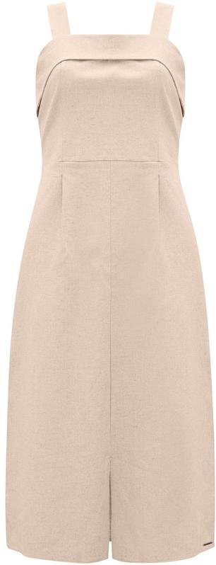 Vestido Midi de Alças com Fenda em Tecido Bege