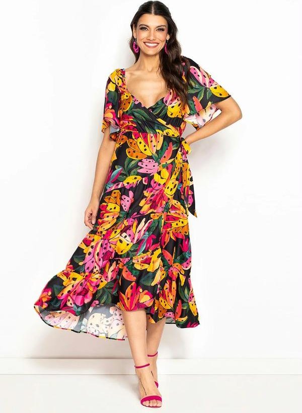 Vestido Midi de Viscose Flor de Banana Preto