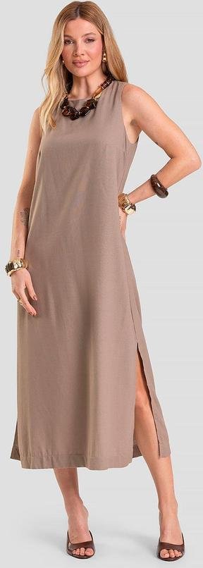Vestido Midi Feminino em Tecido Linho Marrom