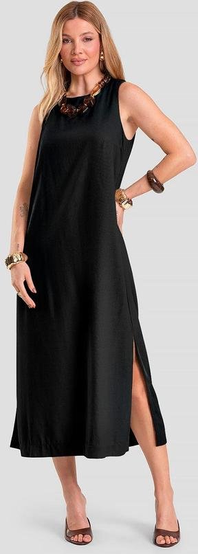 Vestido Midi Feminino em Tecido Linho Preto