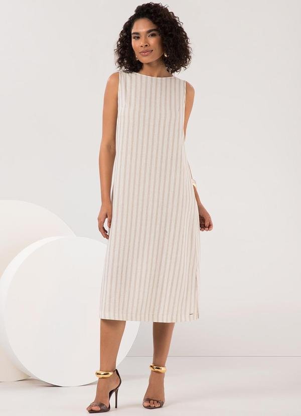 Vestido Midi Listrado com Fenda Lateral Bege