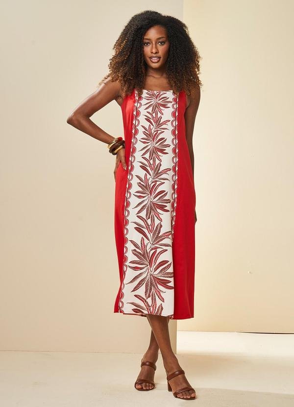Vestido Midi Tropical de Alça Estampado Vermelho