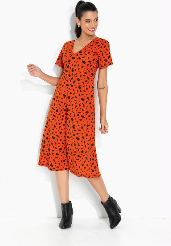 Vestido Onça Laranja com Saia Evasê