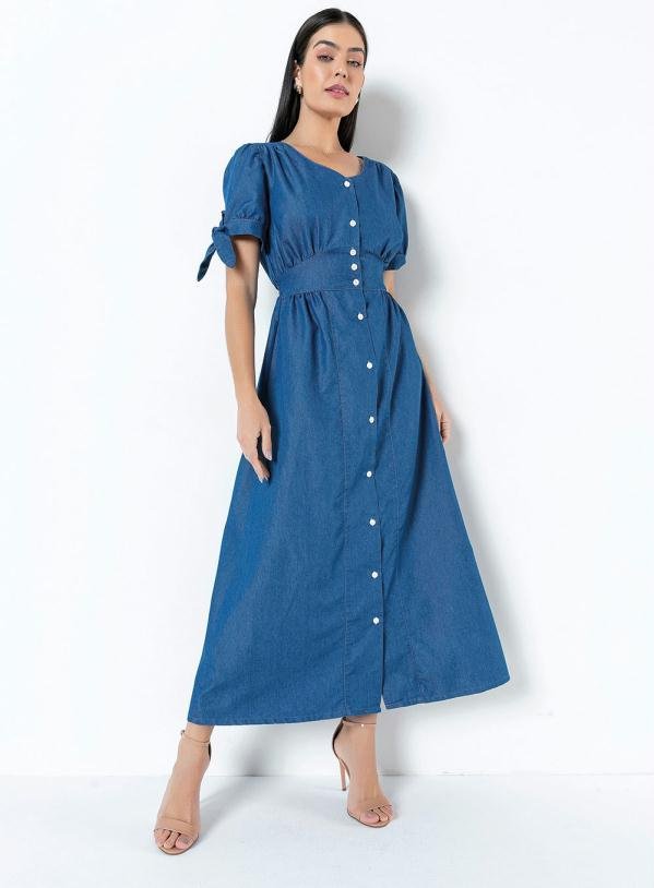 Vestido Sarja Mangas com Amarração Azul Médio