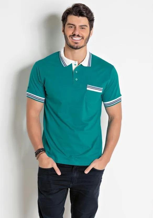 Imagem principal Camisa Polo Verde Turquesa com Bolso e Listras