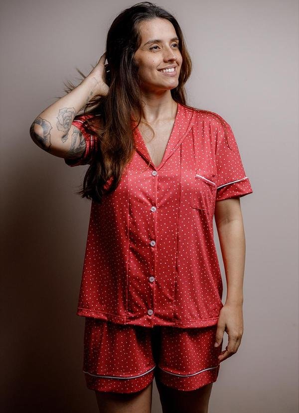 Pijama Americano Malha Fria Vermelho Poá