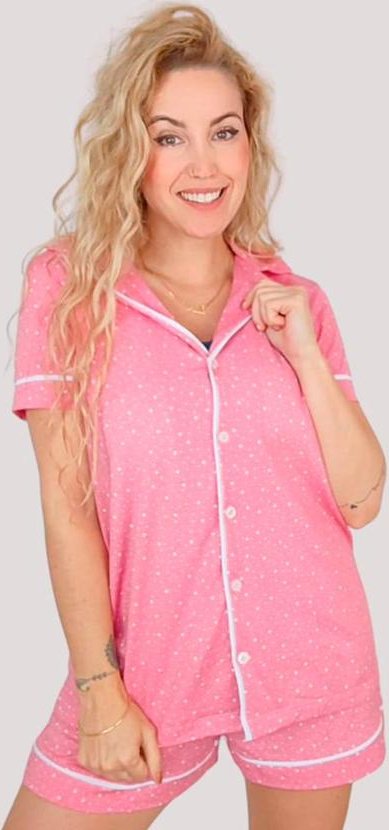 Pijama Americano Manga Curta Algodão Poá Rosa