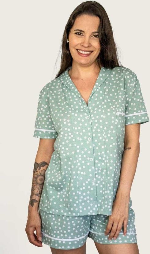 Pijama Americano Manga Curta Algodão Poá Verde