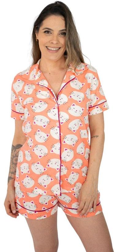 Pijama Americano Manga Curta Gatinhos Coral