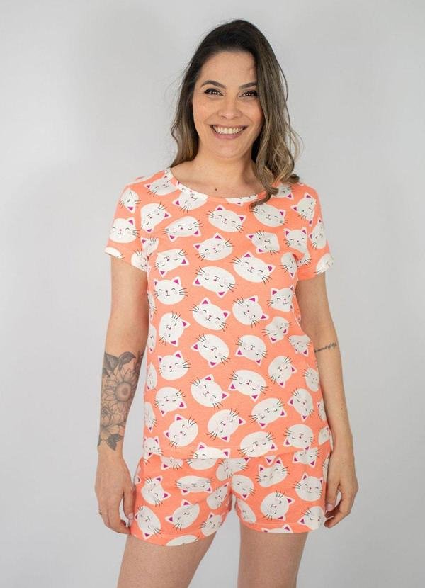 Pijama Feminino Manga Curta Babi Gatinhos Coral