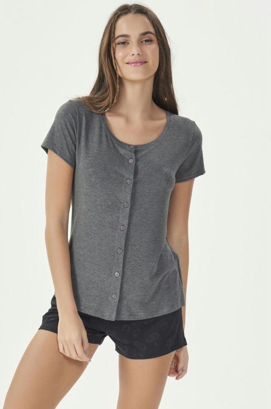 Imagem principal Pijama Manga Curta com Abertura Mescla e Preto Espaço Pijama Espaço Pijama