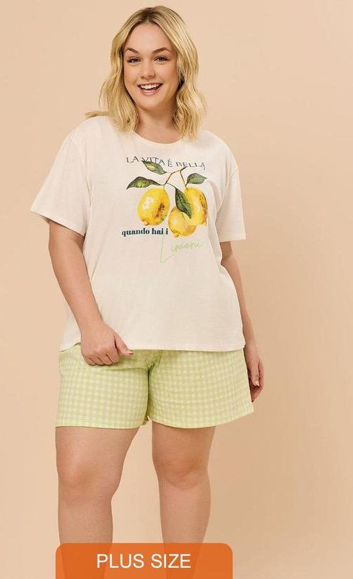 Pijama Plus Size Manga Curta Evanilda Bege