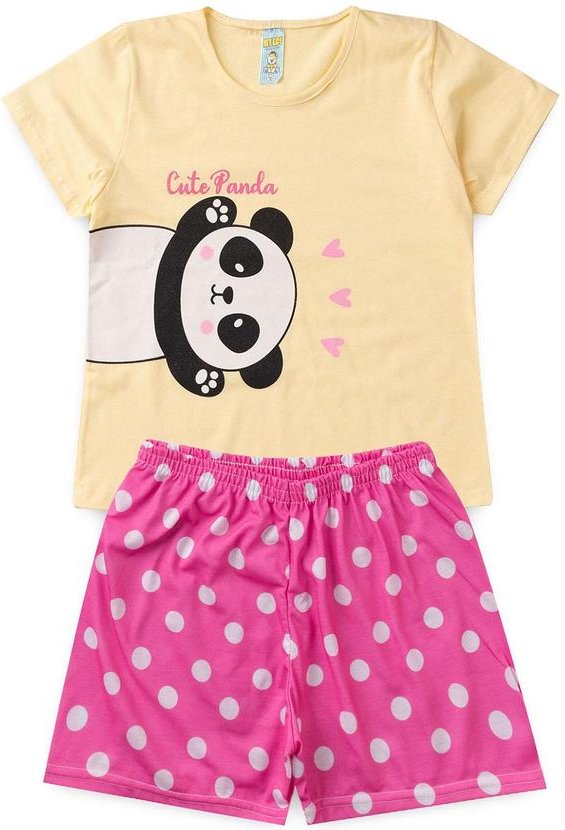 Pijama Feminino Verão Cute Panda Amarelo