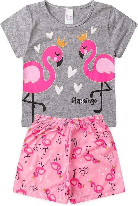 Pijama Feminino Verão Flamingo Cinza