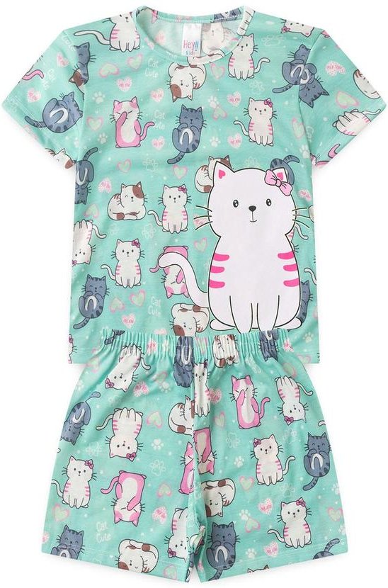 Pijama Feminino Verão Gatinho Verde