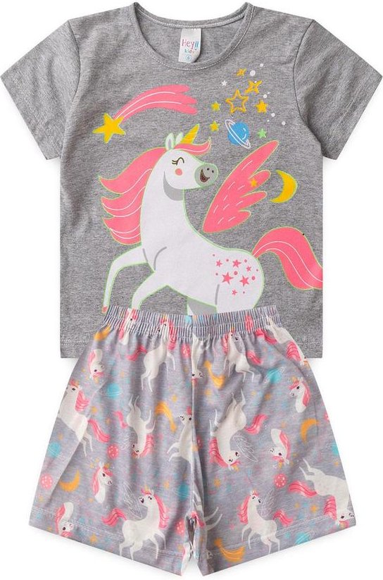 Pijama Feminino Verão Unicornio Cinza